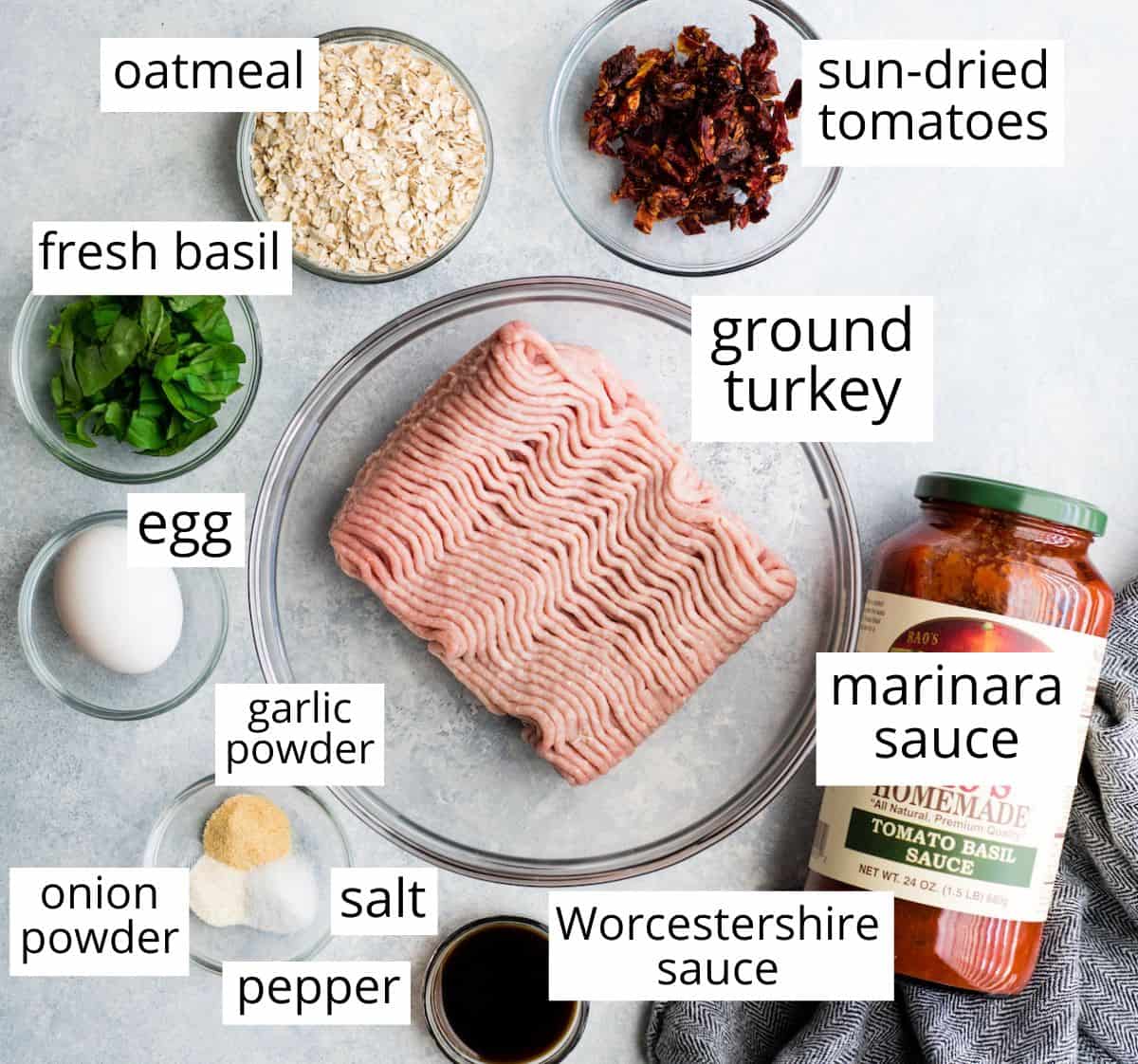 overhead photo of the labeled ingredients in this turkey  meatballs recipe