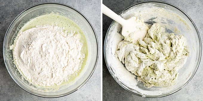 two overhead photos of a glass bowl. The left shows the dry ingredients added to the wet ingredient mixture, the right shows a spatula stirring them together to make a Zucchini Pizza Crust