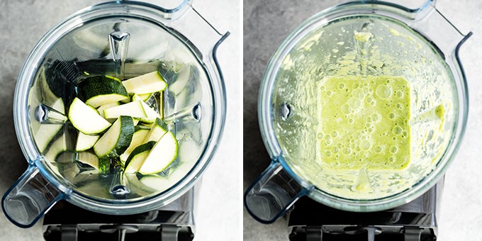 two overhead photos of a vitamix blender. the left shows zucchini in it before being blended. the right shows the blended mixture to make Zucchini Pizza Crust