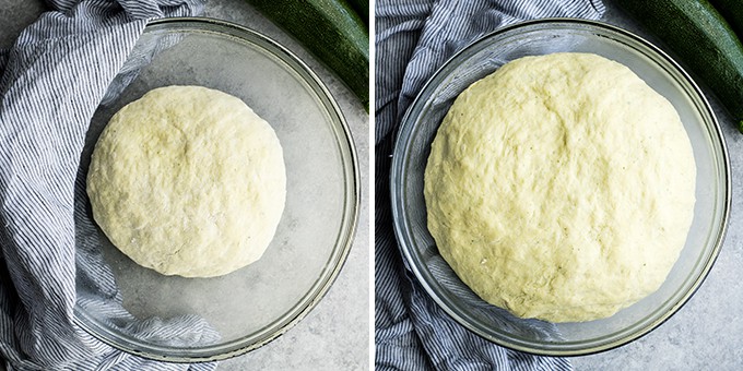 two overhead photos of a glass bowl. The left shows the Zucchini Pizza Crust dough before it has risen, the right shows after it has risen and doubled in size. 