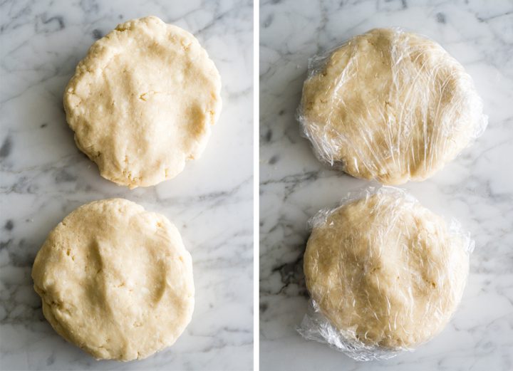 two overhead photos of two discs of apple pie crust dough, in the right pic the dough discs are wrapped in plastic wrap. 