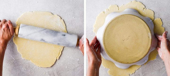 two overhead photos showing rolling and measuring the apple pie crust dough