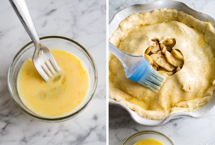 two photos showing mixing and brushing the egg wash onto the apple pie recipe