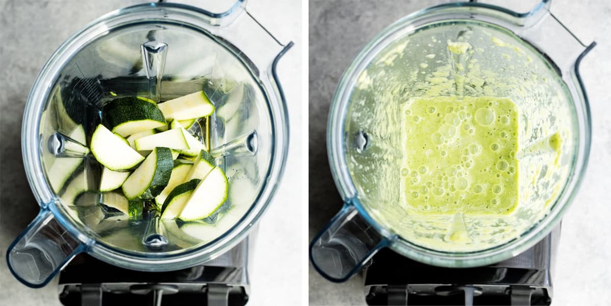 two photos showing how to make Zucchini Pizza Crust - blending zucchini and water in a Vitamix