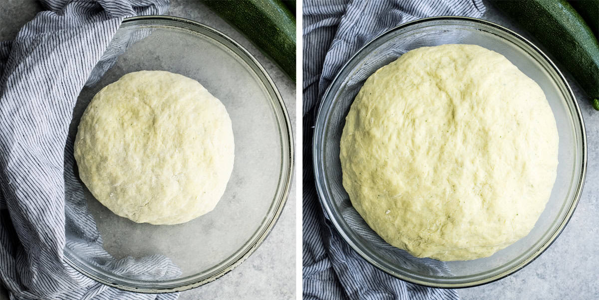 two photos showing how to make Zucchini Pizza Crust - dough in a glass bowl before and after rising