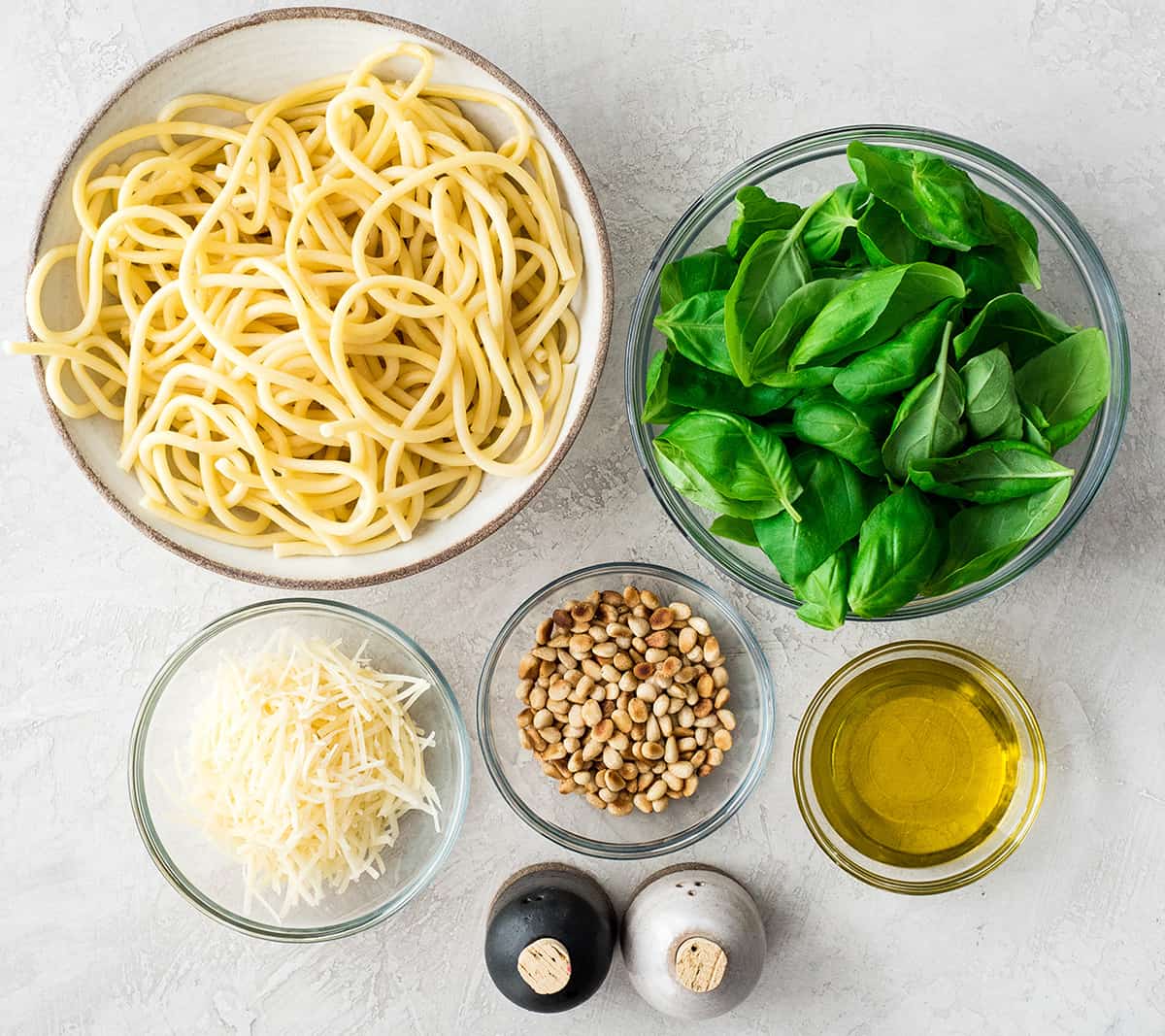 overhead view of the ingredients used to make this Pesto Pasta recipe