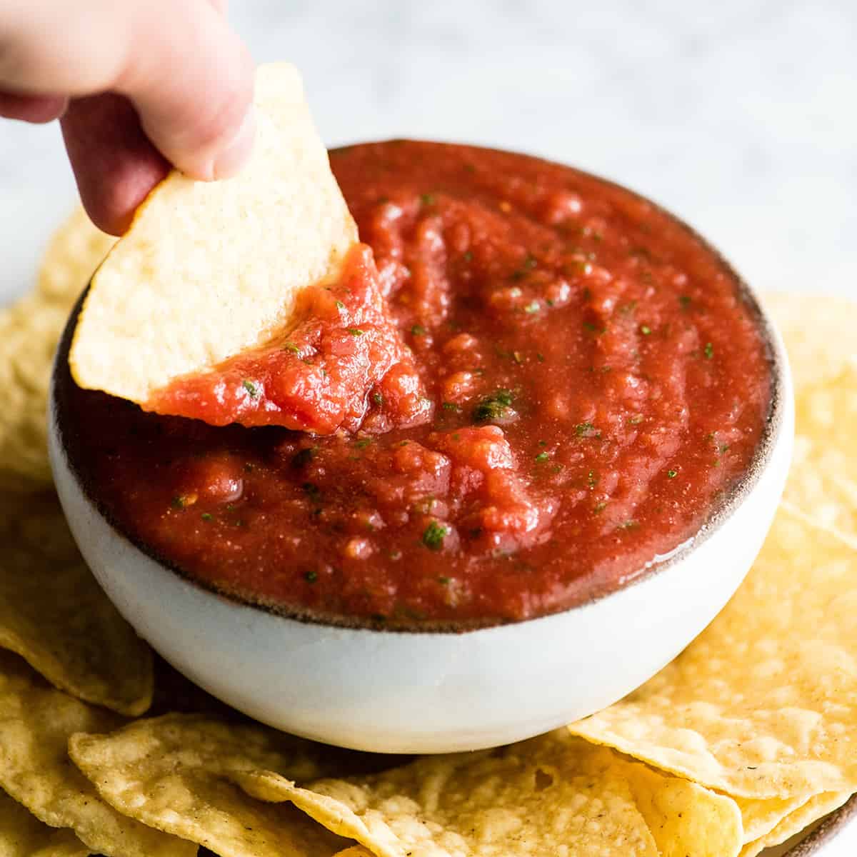 side view of a chip being dipped into a bowl of homemade salsa