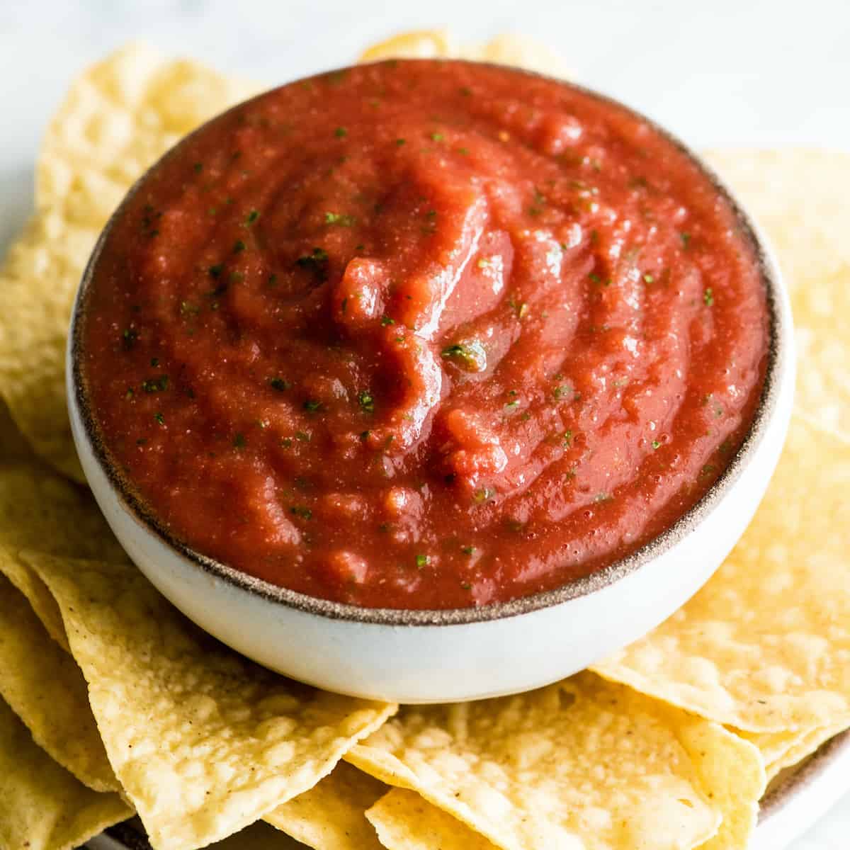 front view of a bowl of homemade salsa and chips
