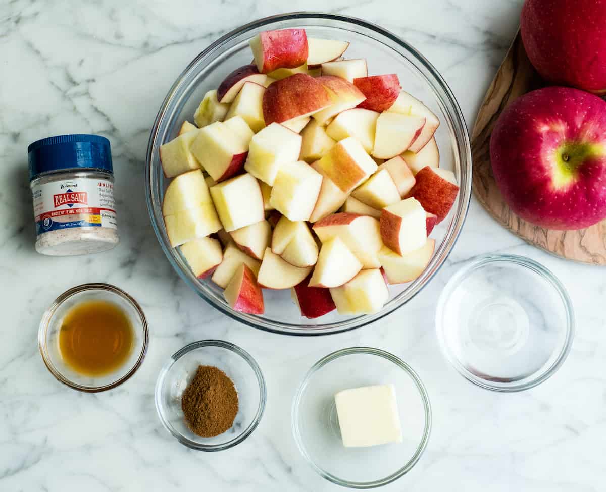 overhead view of the ingredients in this cinnamon apples recipe