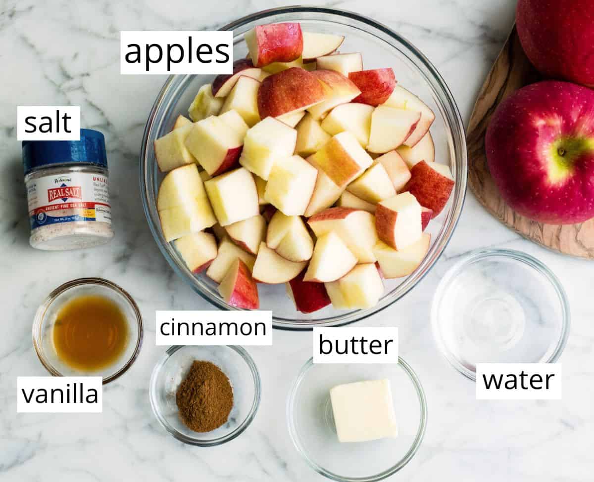 overhead photo of the labeled ingredients in this easy cinnamon apples recipe