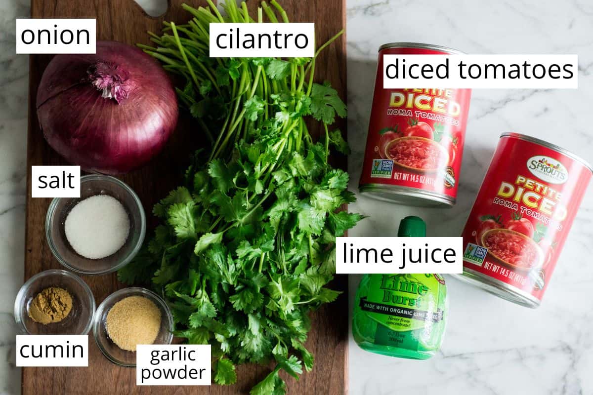 overhead view of the labeled ingredients in this homemade salsa recipe