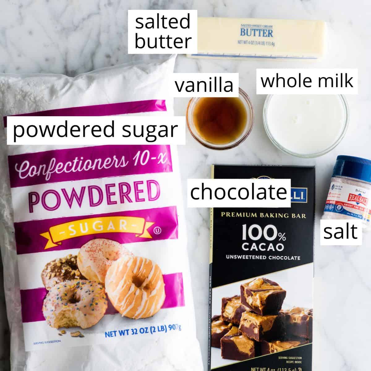overhead photo of the labeled chocolate frosting ingredients in this eclairs recipe