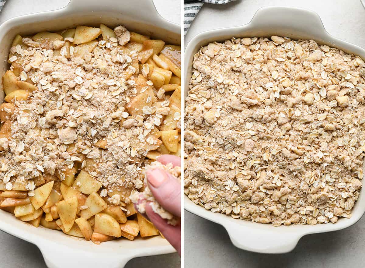 two photos showing assembling apple crisp - putting topping on filling