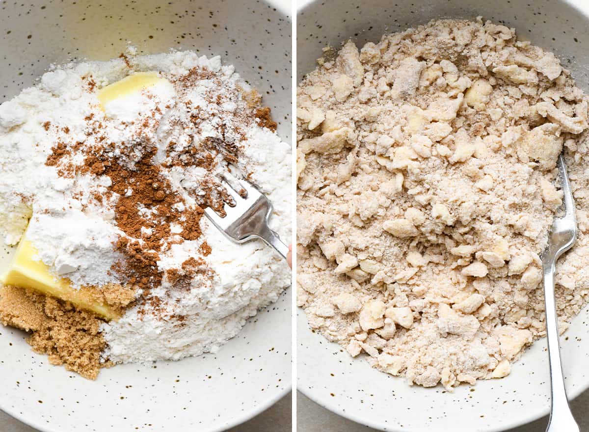 two photos showing How to Make Apple Crisp topping - cutting butter into dry ingredients