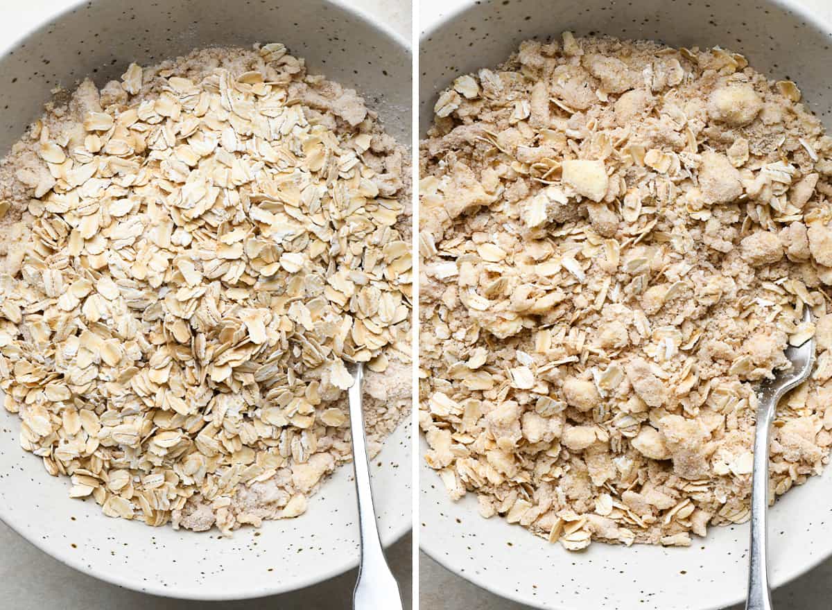 two photos showing How to Make Apple Crisp topping - adding oats to the topping