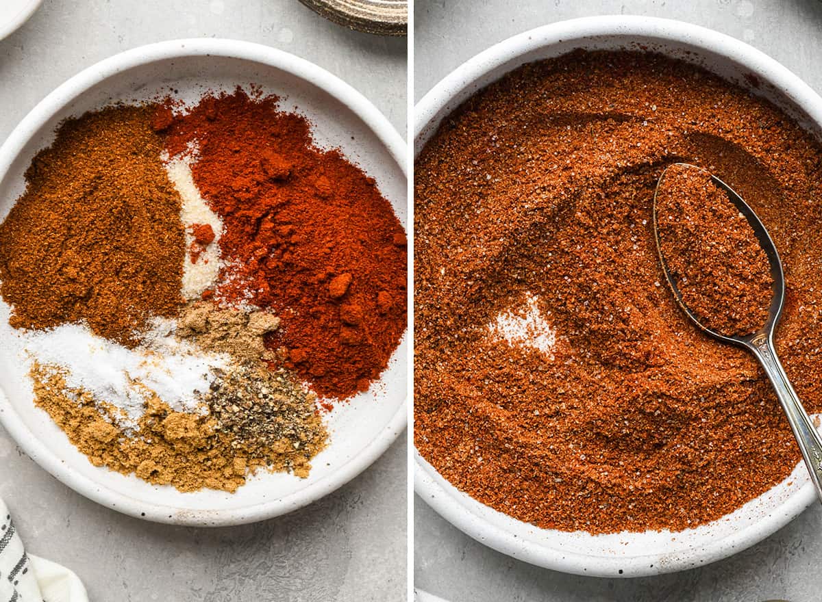 two photos showing how to make chili seasoning for homemade chili 