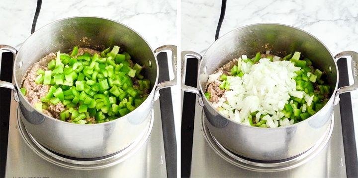two photos showing how to make this Easy Chili Recipe, the left shows adding green peppers, the right shows adding onions