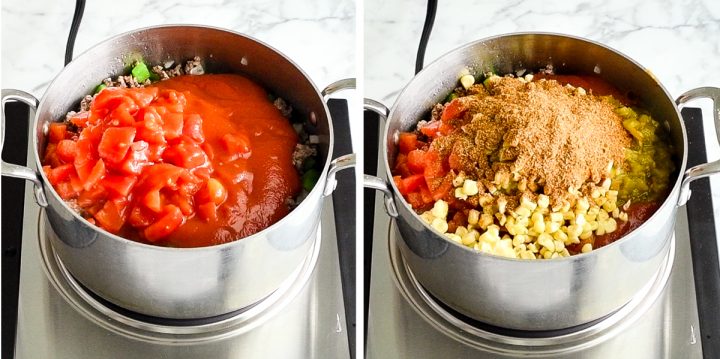 two front-view photos of a saucepan. The left shows adding the diced tomatoes, and the right shows adding seasoning and corn in this Easy Chili Recipe