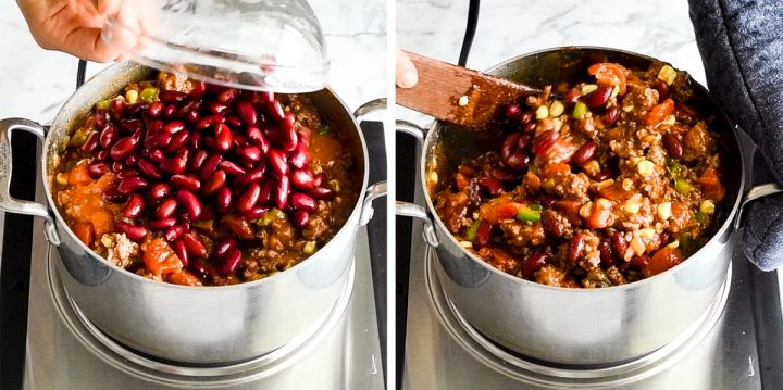 two front-view photos of a saucepan. The left shows adding the kidney beans, and the right shows stirring this Easy Chili Recipe