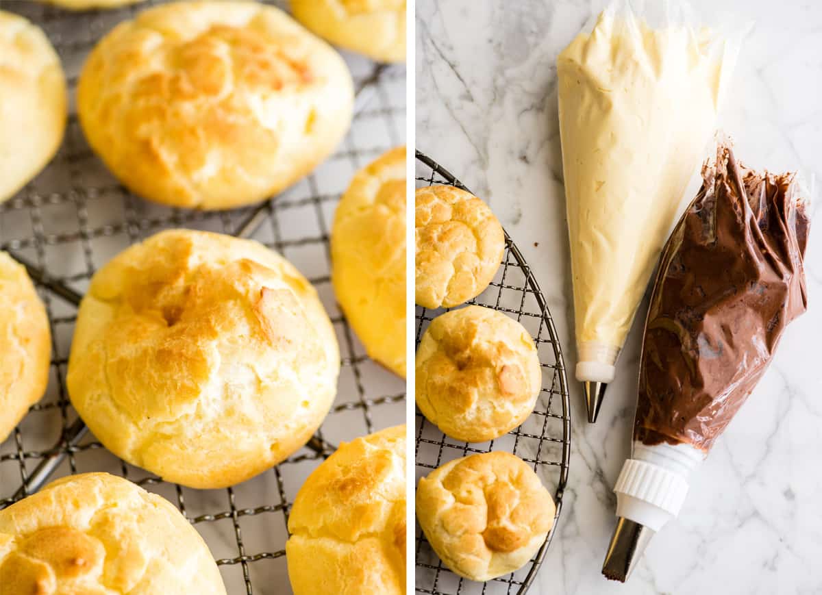 two overhead photos showing how to make eclairs - choux pastry shells cooling and filling & frosting in piping bags