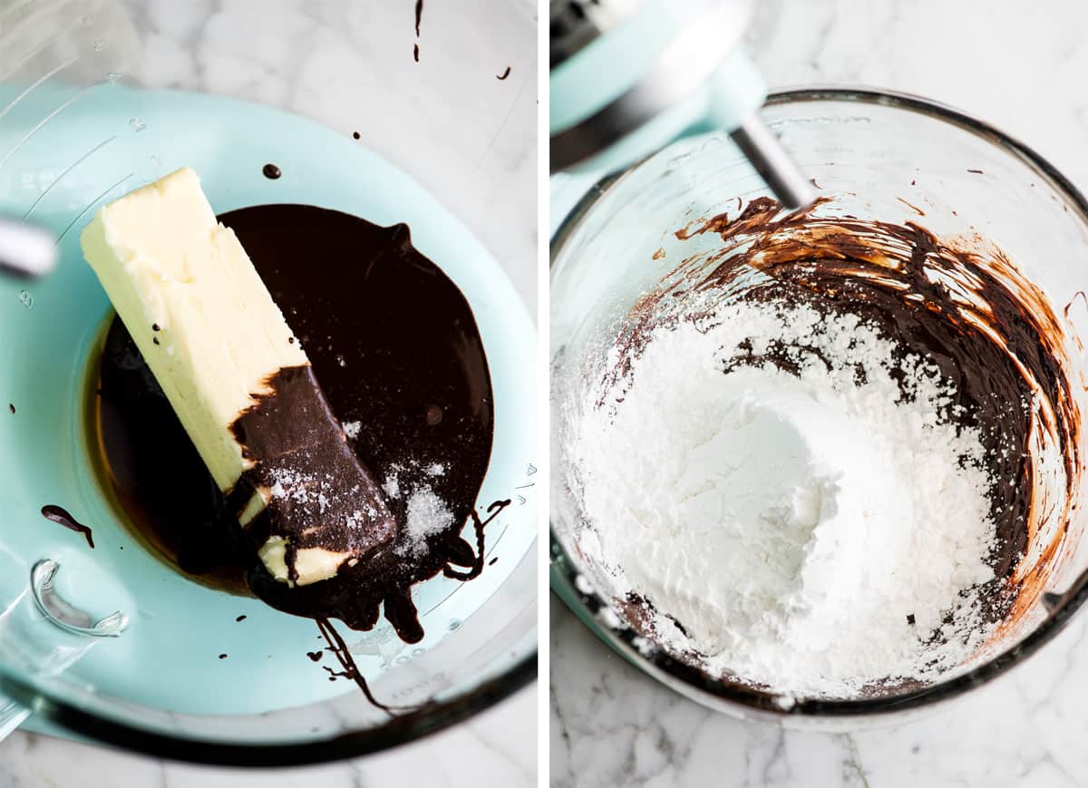 two overhead photos showing the first two steps in making chocolate frosting