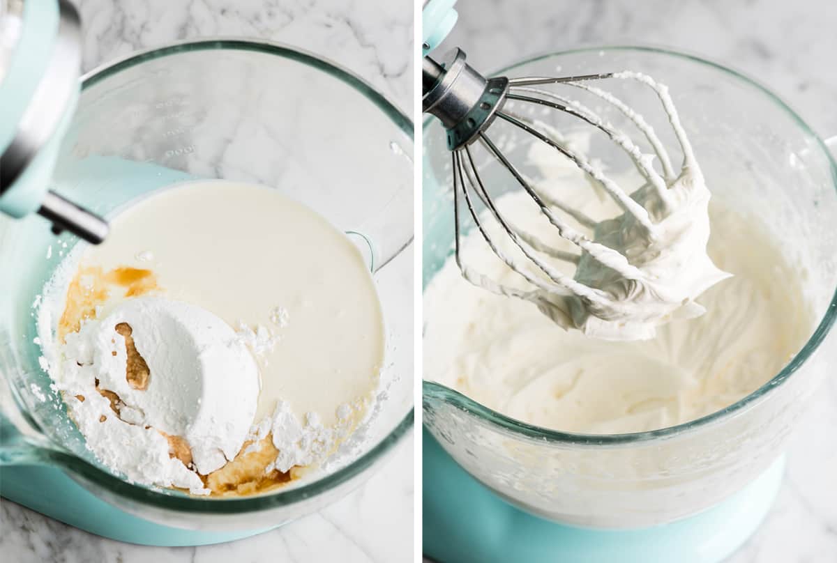 two photos showing how to make eclairs - making the whipped cream