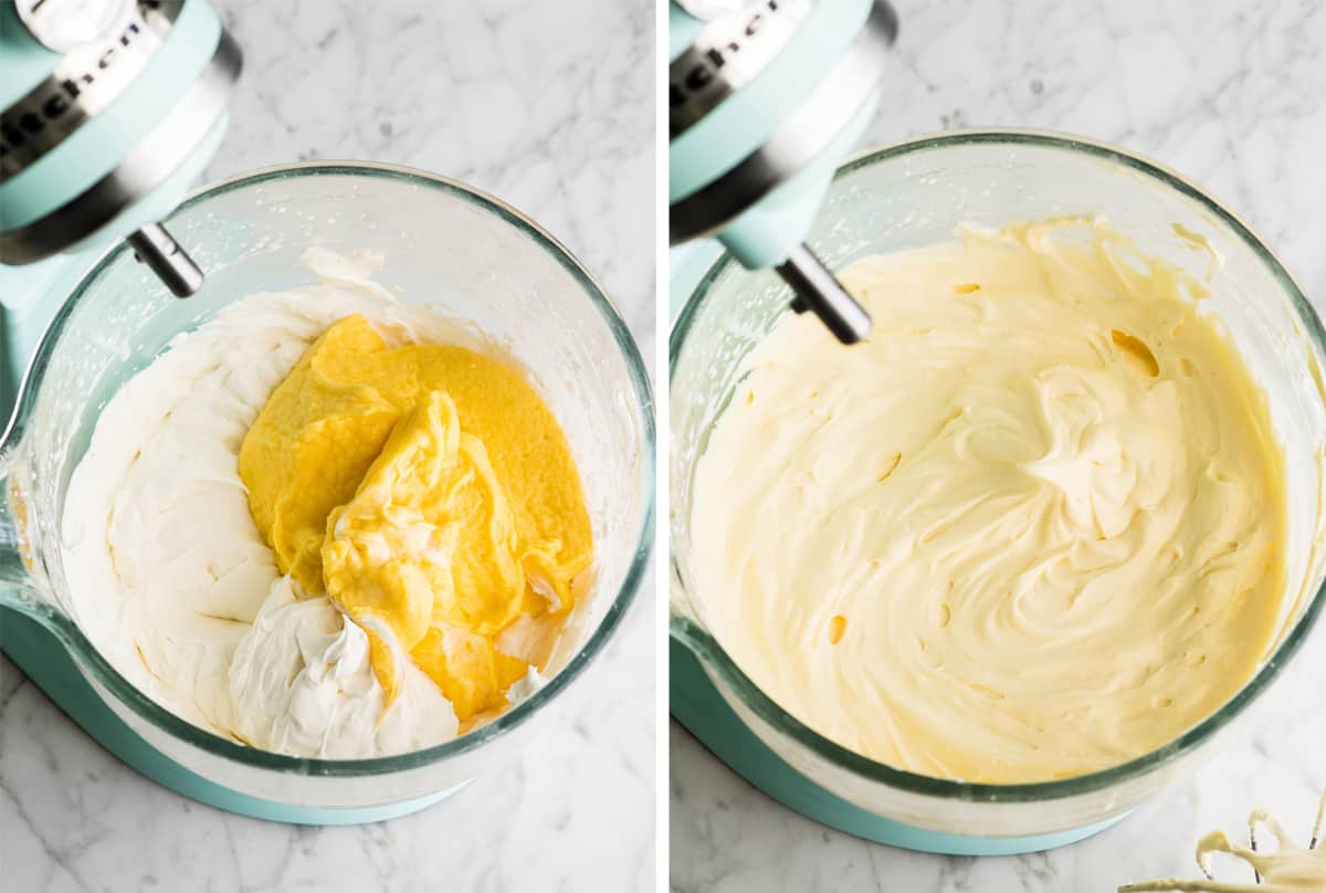 two overhead photos showing how to make eclair filling