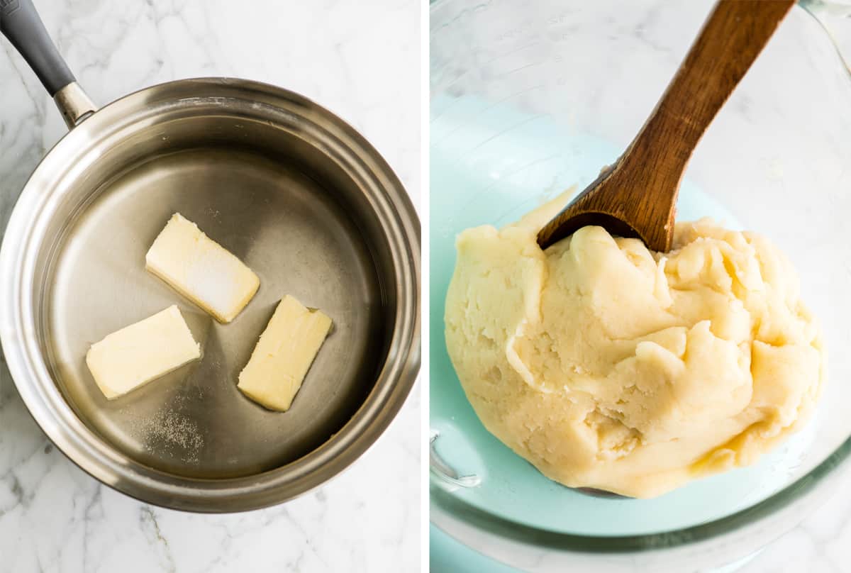 two overhead photos showing how to make choux pastry for homemade eclairs