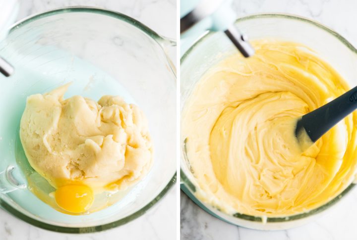 two overhead photos of adding eggs to make choux pastry for eclairs