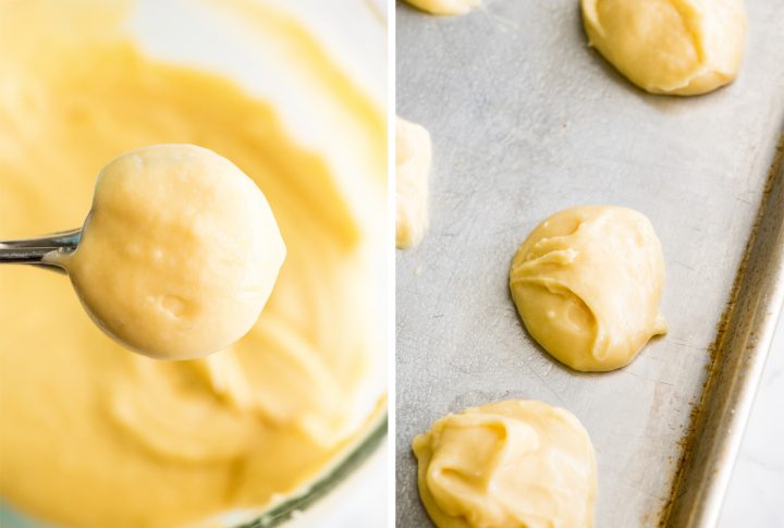 two overhead photos showing how to make eclairs - scooping and placing choux pastry dough onto baking sheet