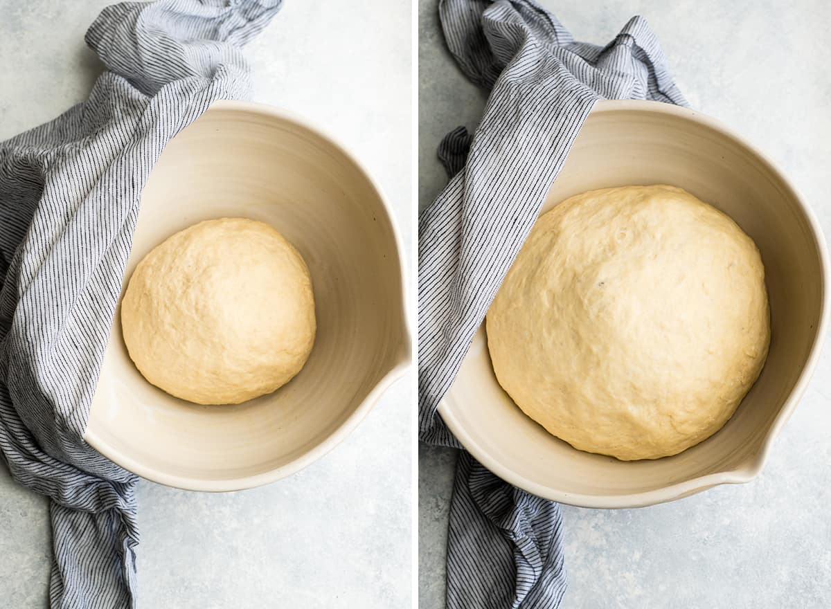 two overhead photos showing how to make pretzel bite dough before and after rising