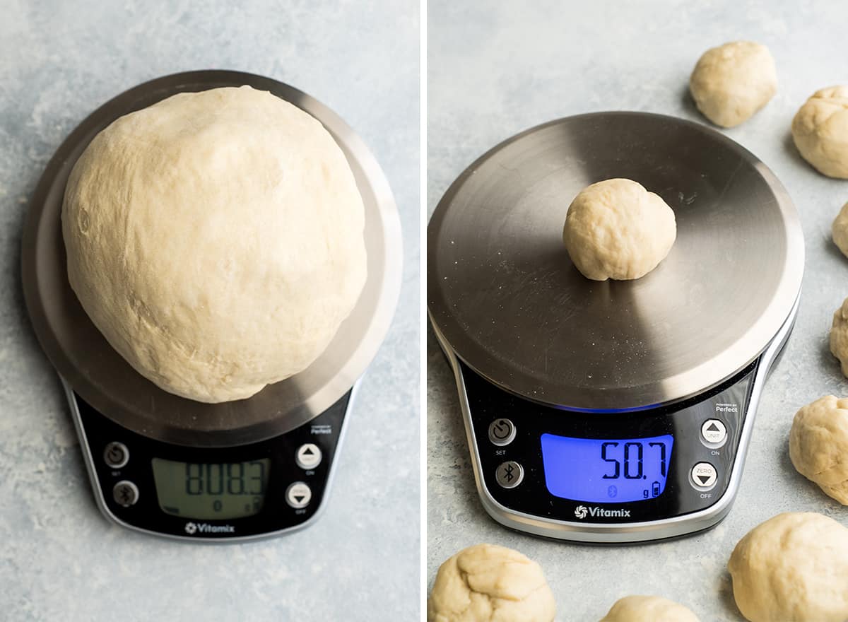 two photos, the left is an overhead shot of the whole batch of pretzel bite dough on a food scale. The right shows one portion of cheese-stuffed pretzel bite dough being weighed