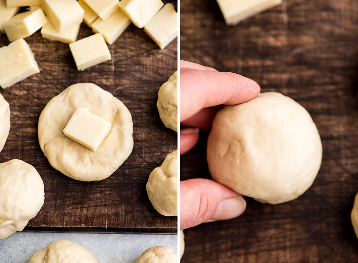 two overhead photos showing how to put cheese into homemade pretzel bites
