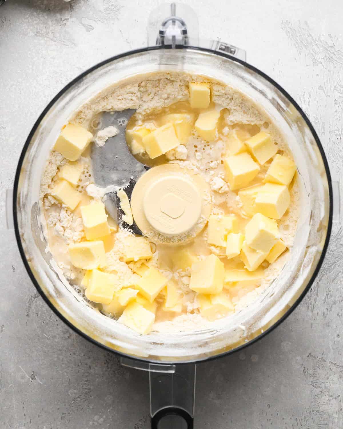 cubed butter and water added to the dry ingredients in a food processor fitted with an "S" blade making pumpkin pie crust