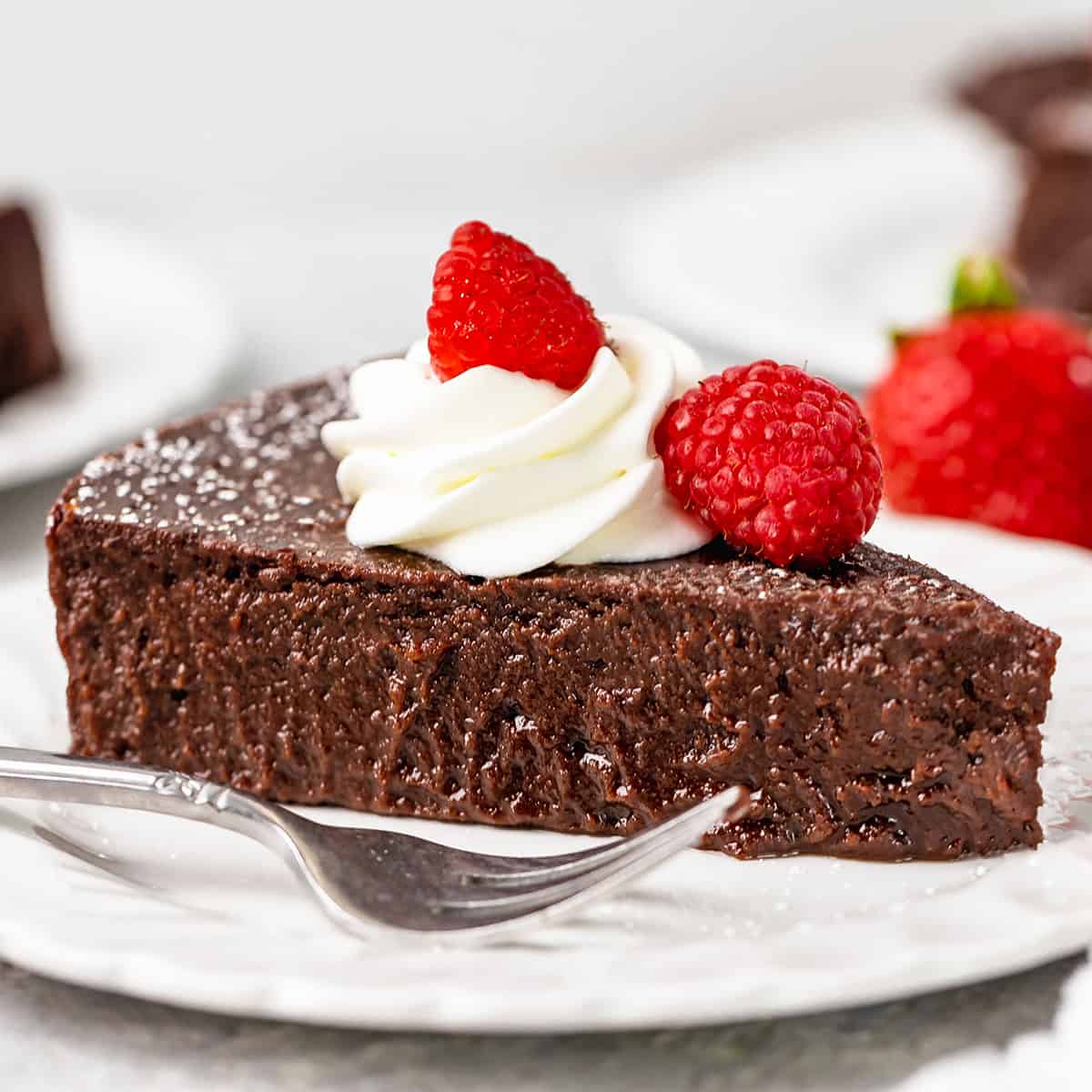 front view of a piece of Flourless Chocolate Cake on a plate with a fork