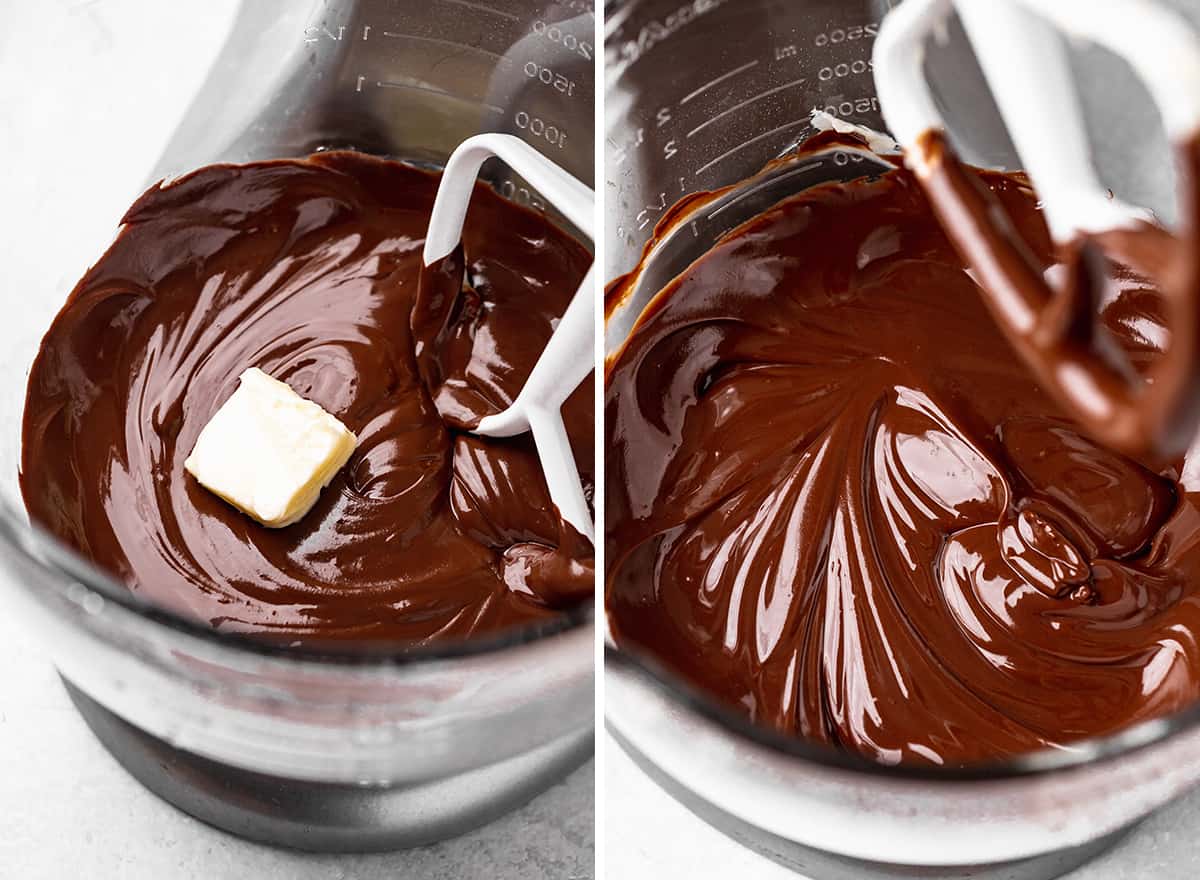 two photos showing how to make flourless chocolate cake - adding butter