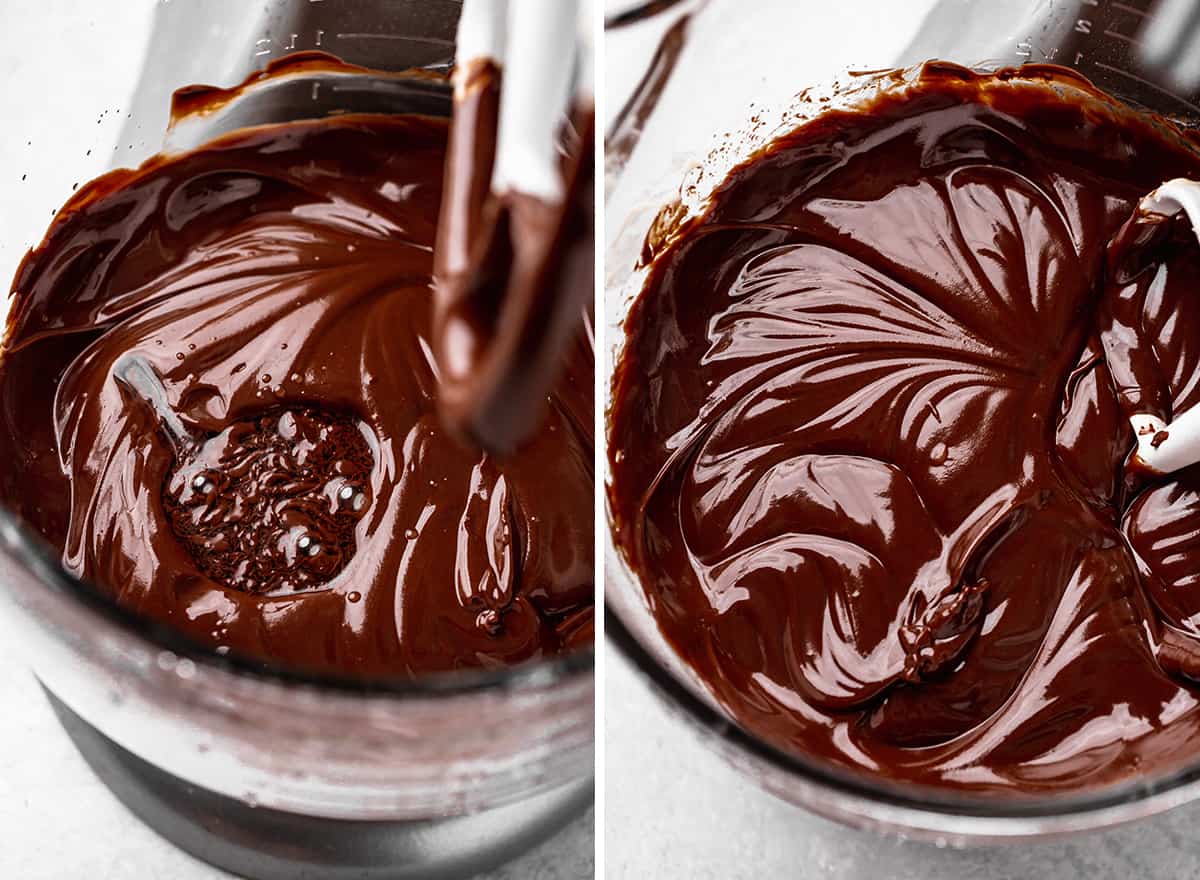 two photos showing how to make flourless chocolate cake - adding sugar water 