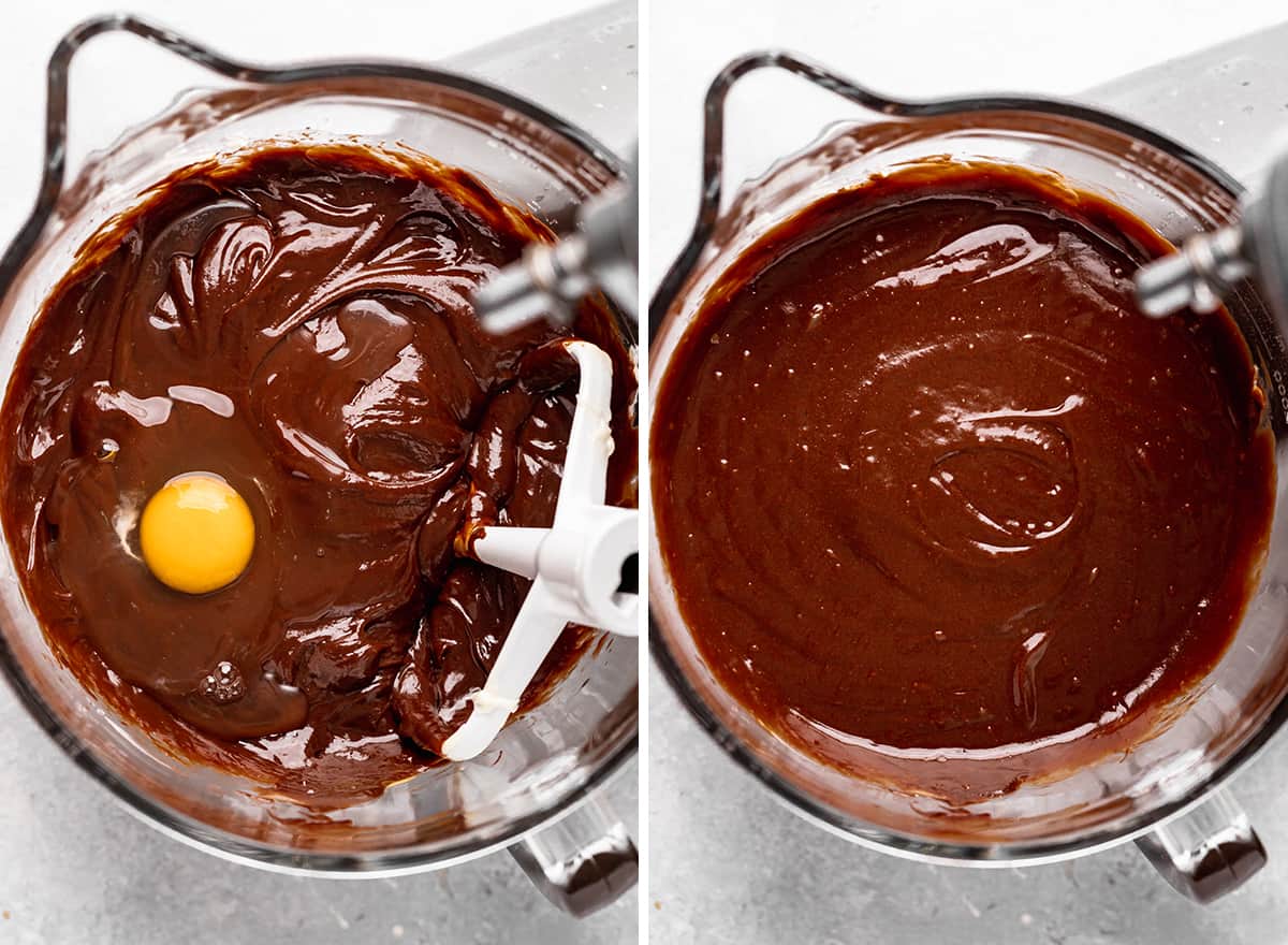 two photos showing How to Make Flourless Chocolate Cake - adding egg one and a time