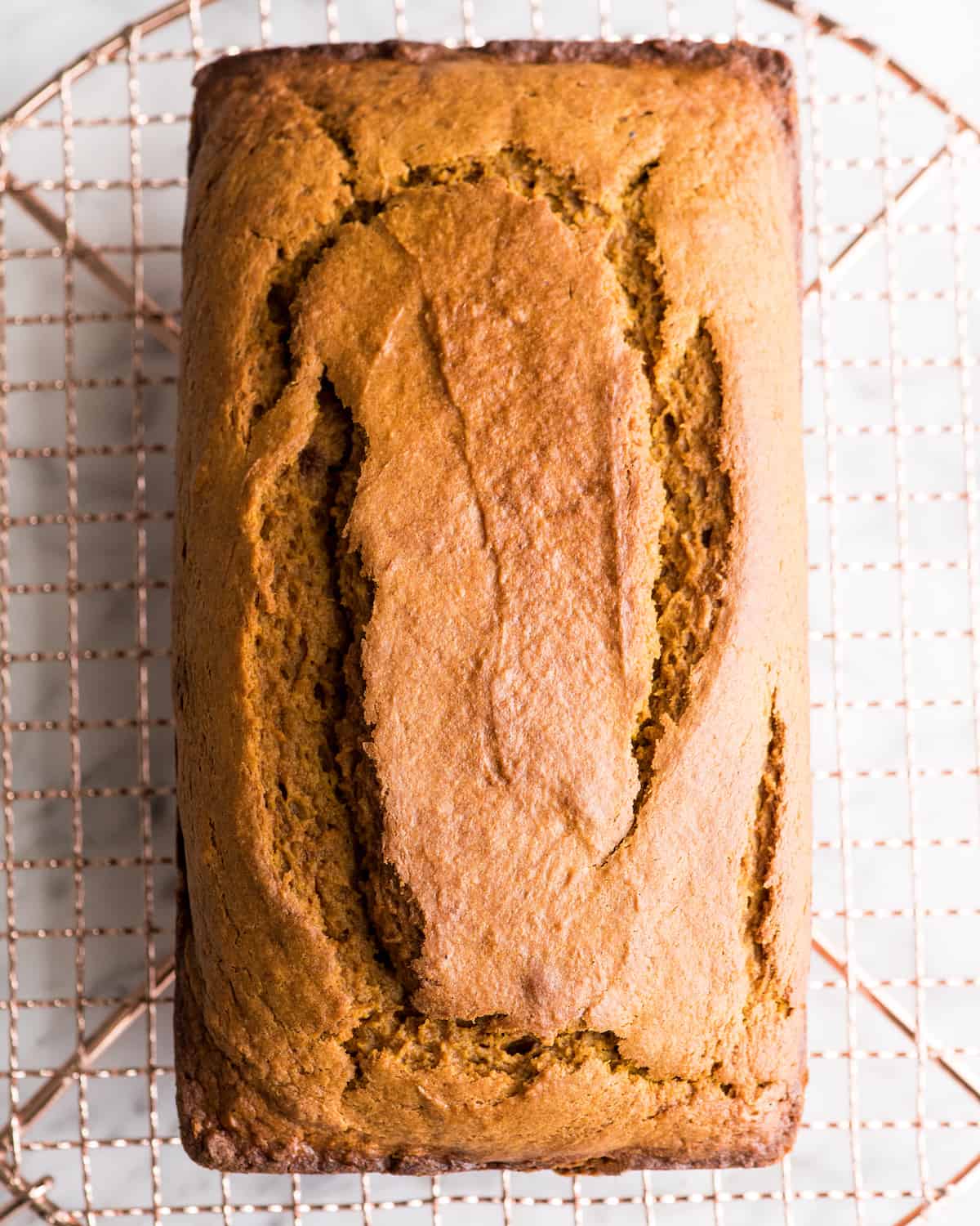 overhead view of a loaf of pumpkin bread cooling on a wire rack