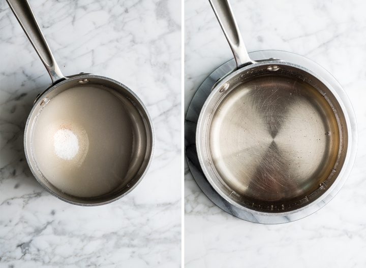 two overhead photos showing how to make flourless chocolate cake - dissolving sugar in water