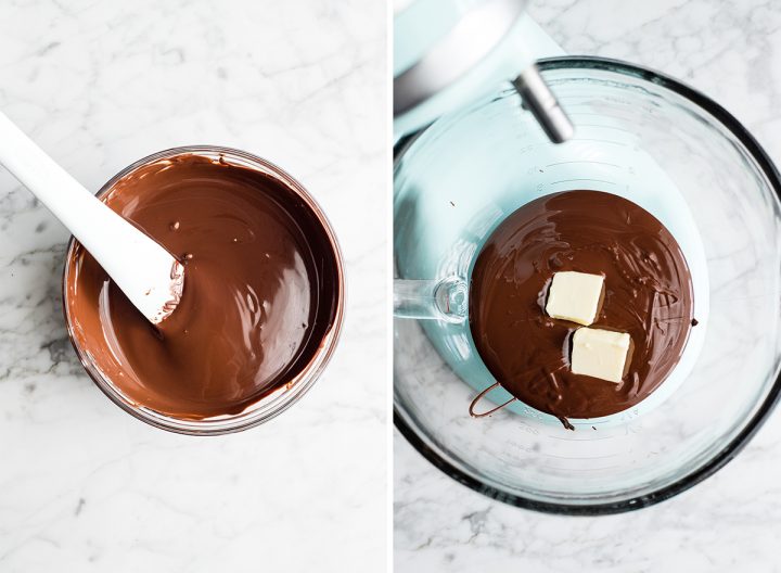 two overhead photos showing how to make flourless chocolate cake - melting chocolate and adding butter
