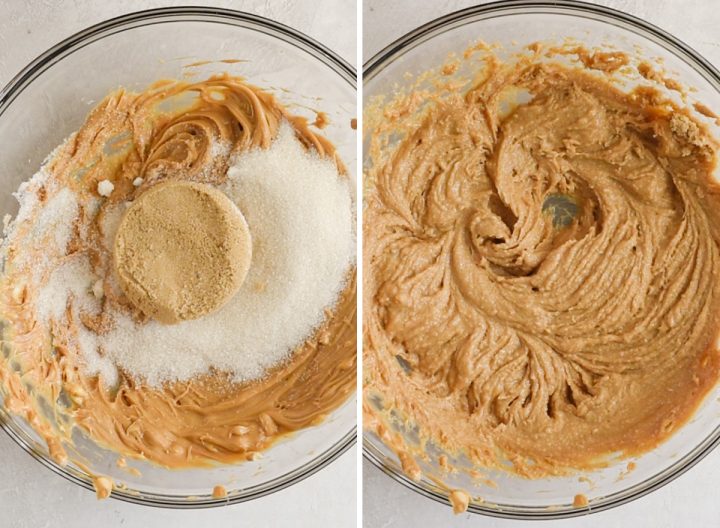 two photos showing how to make peanut butter cookies - beating in sugars