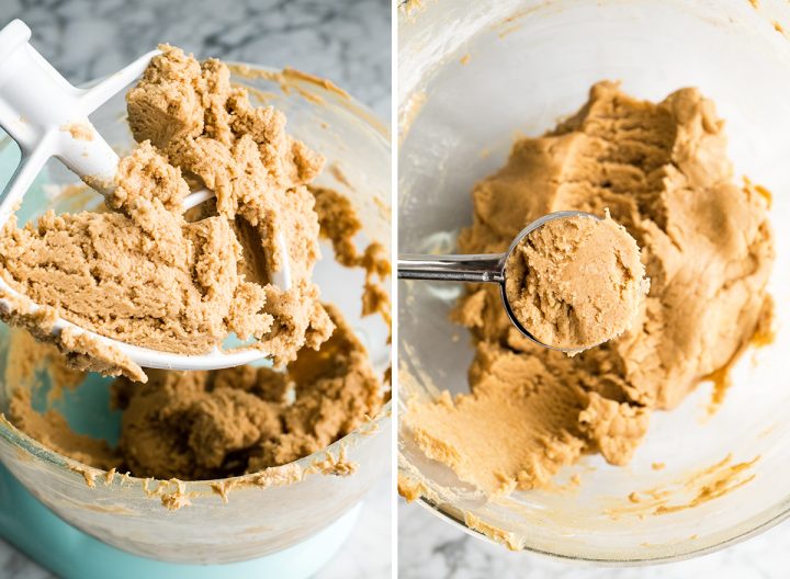 two overhead photos showing how to make peanut butter cookies in a standing mixer