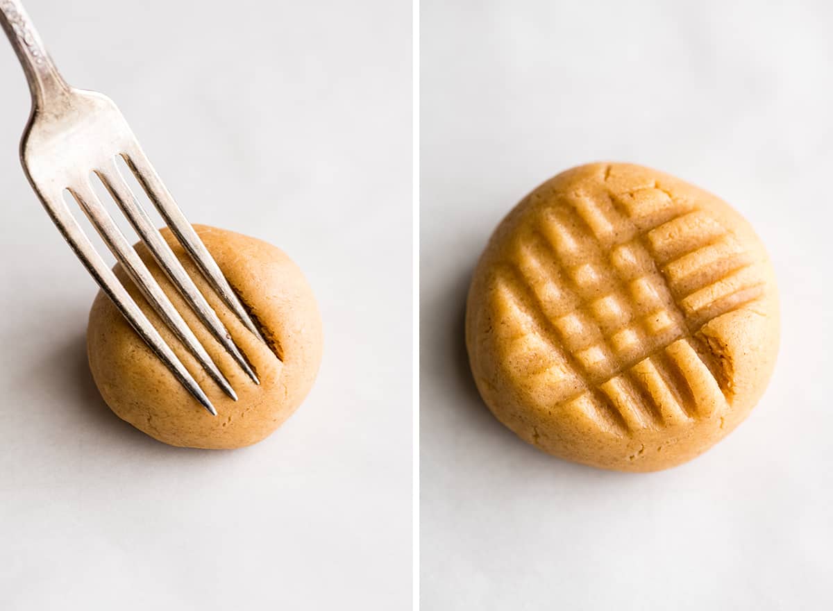 two photos showing how to make criss cross fork pattern in peanut butter cookies