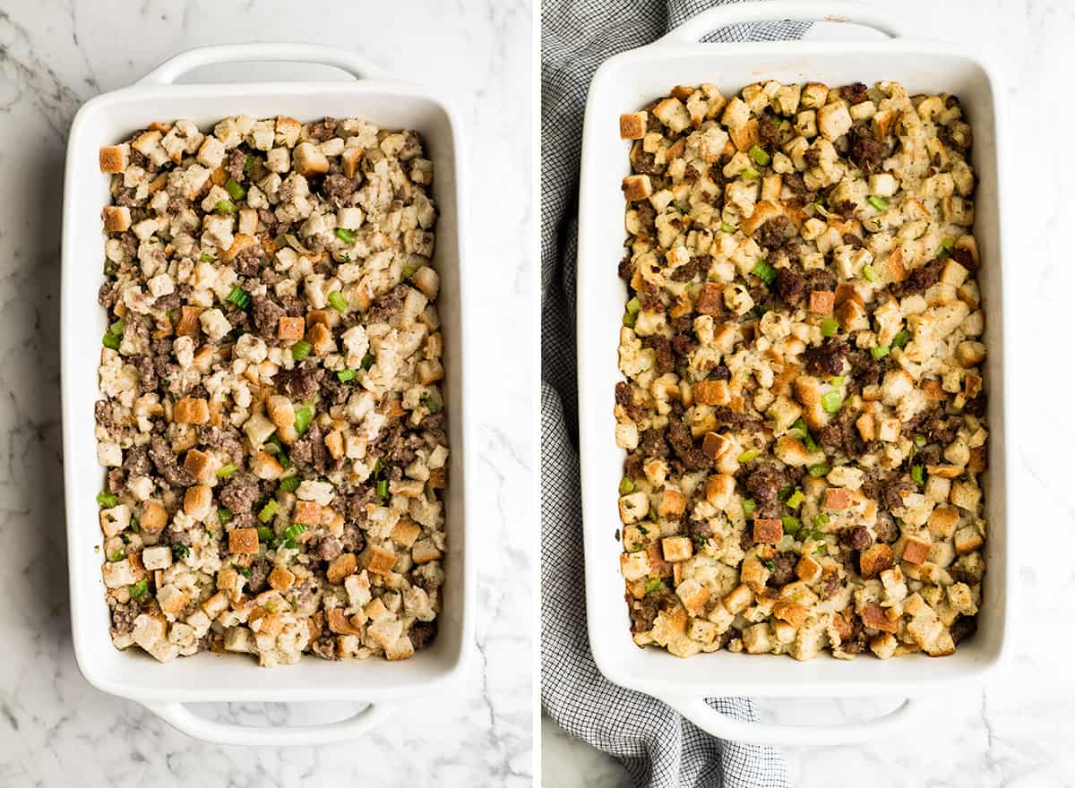 two phots showing sausage stuffing in a large baking dish before and after baking