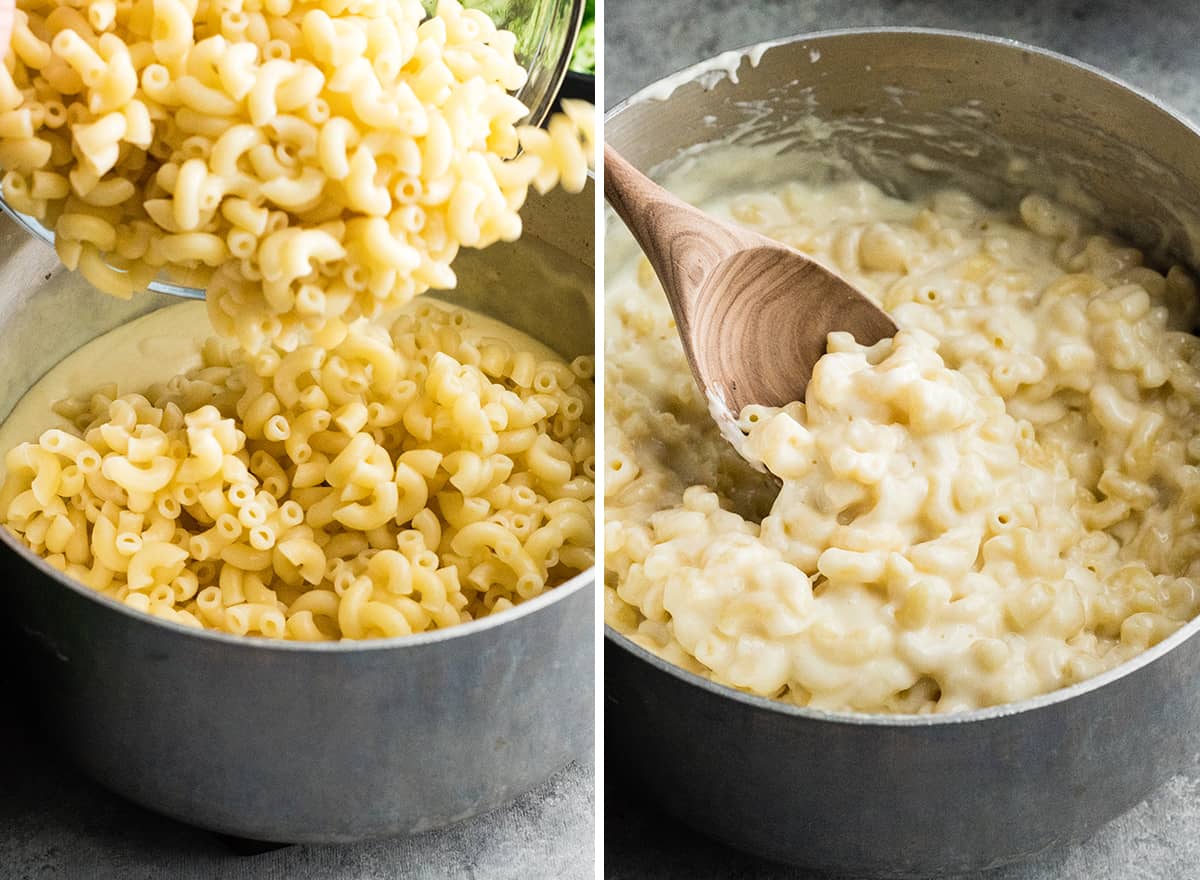 two front view photos showing adding and mixing cooked macaroni into cheese sauce