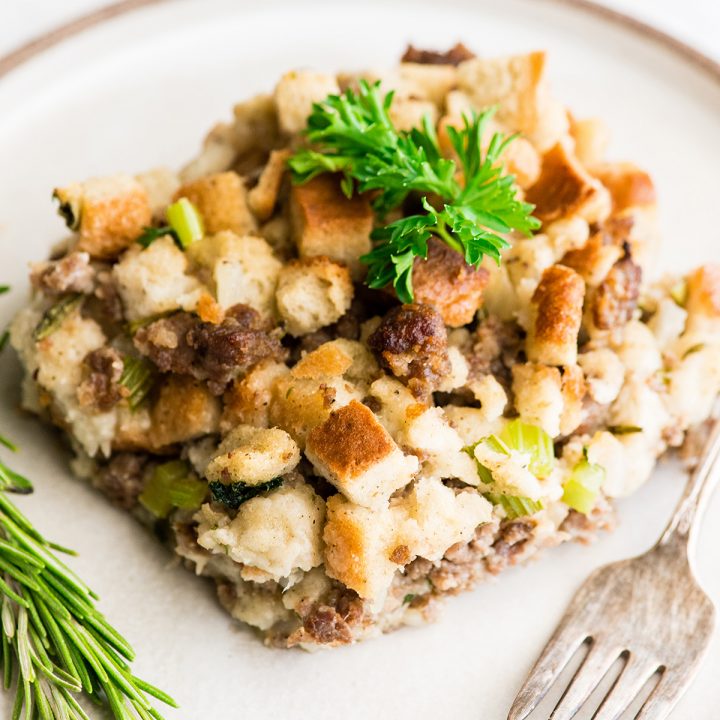 front view of a serving of sausage stuffing on a plate