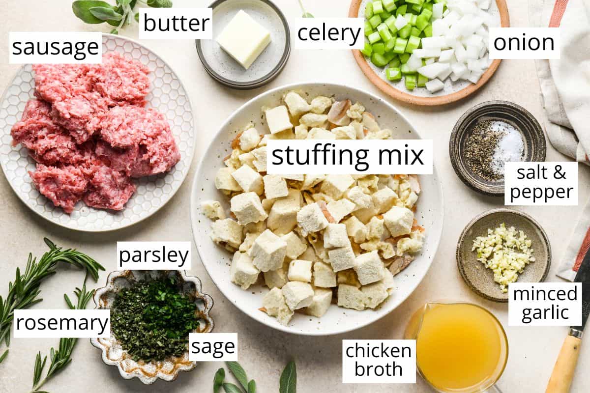 overhead photo of the labeled ingredients in this sausage stuffing recipe