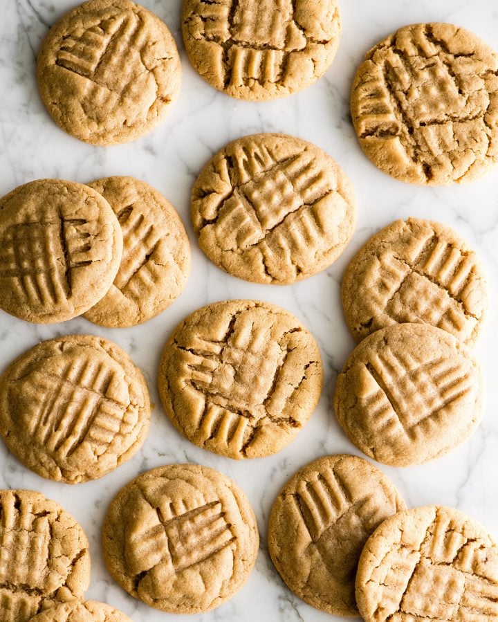 overhead view of 12 peanut butter cookies