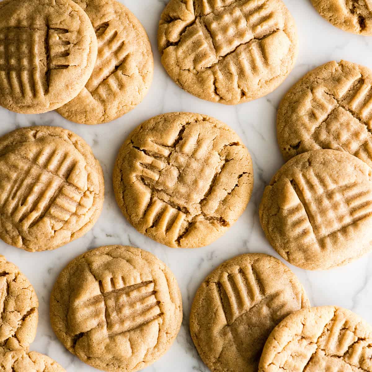 overhead view of 12 peanut butter cookies